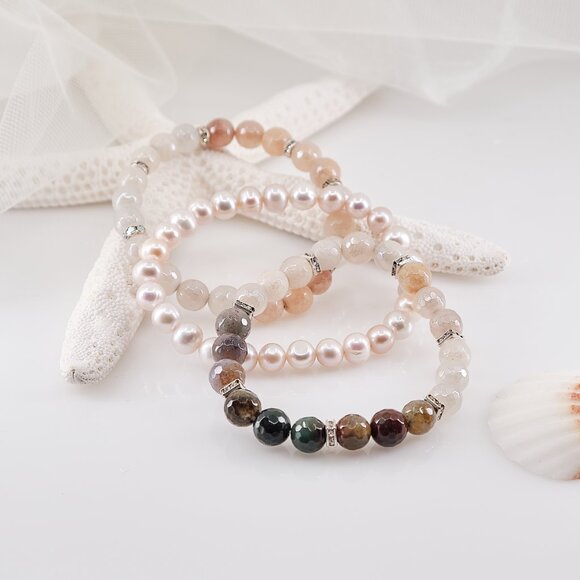 Aventurine Fancy Jasper & Pearl Bracelet, Dainty Stretch Bracelet Set of 3 - Picture 8 of 11